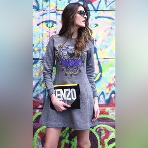 Kenzo Tiger Sweatshirt Dress Gray Cotton Size Small